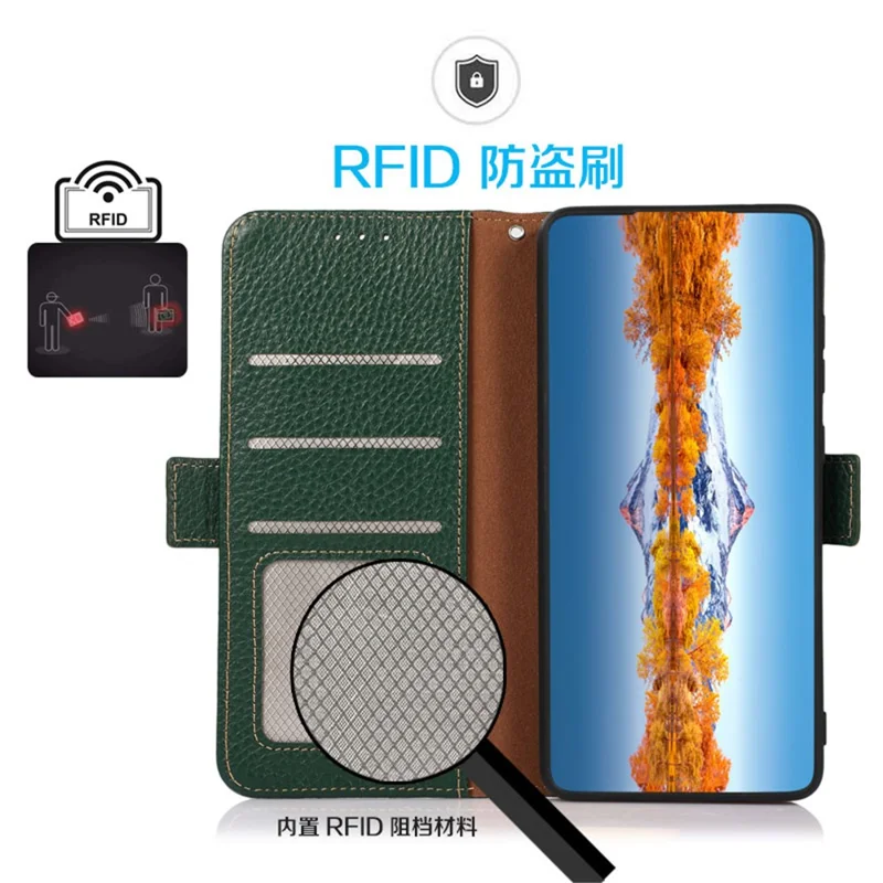 KHAZNEH Phone Case for Xiaomi Redmi Note 14 Pro 5G / Poco X7 5G Genuine Cow Leather Cover RFID Blocking - Green