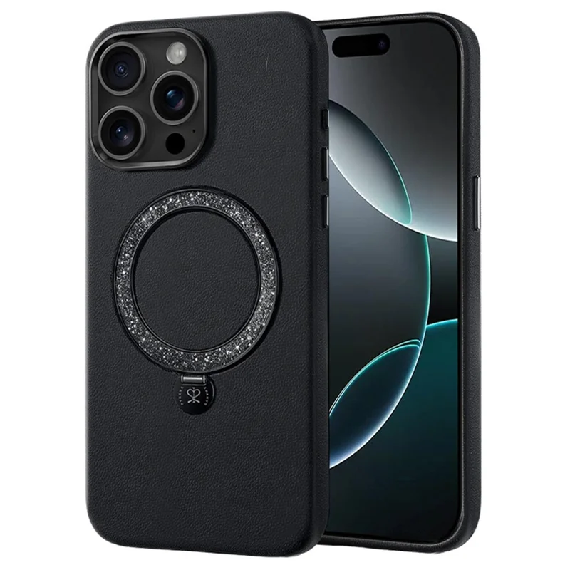 PYNANA PN-16L4 For iPhone 16 Pro Max Case Compatible with MagSafe Crystal Ring Kickstand PU Leather PC Cover - Black