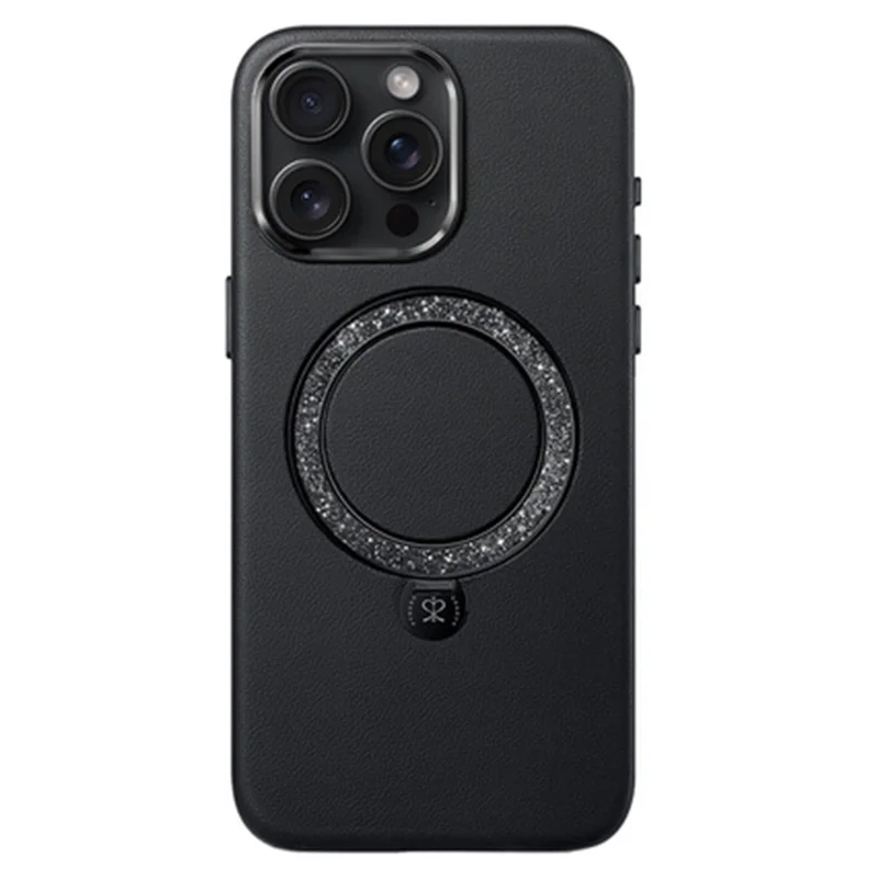 PYNANA PN-16L4 For iPhone 16 Pro Max Case Compatible with MagSafe Crystal Ring Kickstand PU Leather PC Cover - Black