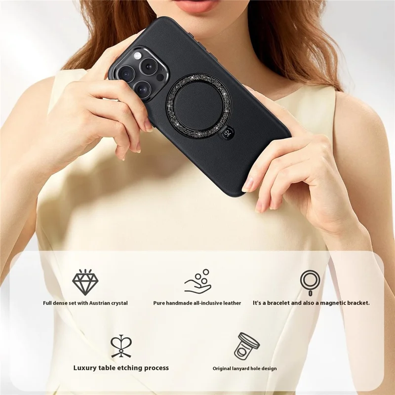 PYNANA PN-16L4 For iPhone 16 Pro Max Case Compatible with MagSafe Crystal Ring Kickstand PU Leather PC Cover - Black