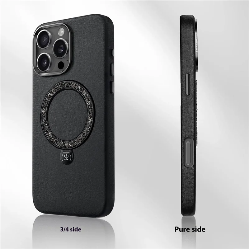 PYNANA PN-16L4 For iPhone 16 Pro Max Case Compatible with MagSafe Crystal Ring Kickstand PU Leather PC Cover - Black