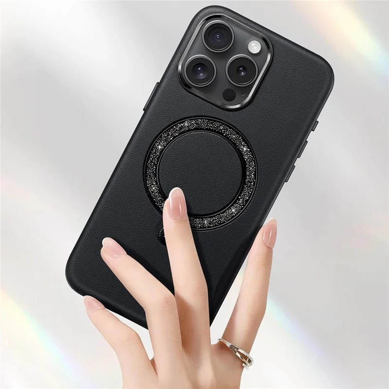 PYNANA PN-16L4 For iPhone 16 Pro Max Case Compatible with MagSafe Crystal Ring Kickstand PU Leather PC Cover - Black