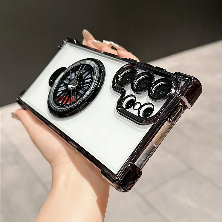 For Samsung Galaxy S23 Ultra Phone Case Gyroscope Kickstand Electroplating TPU PC Mobile Cover - Black