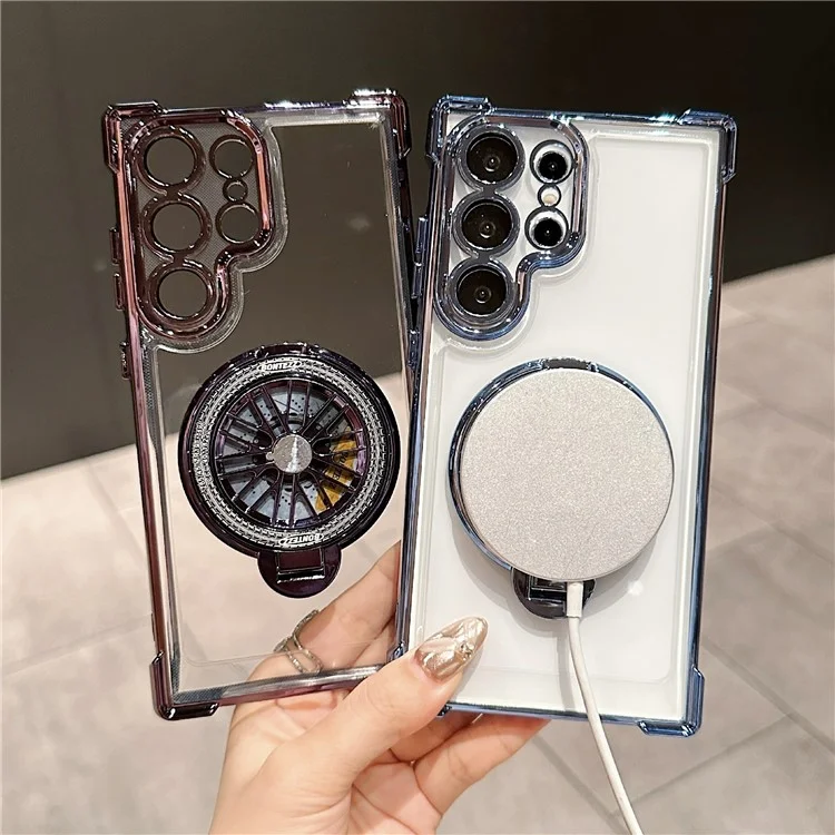 For Samsung Galaxy S23 Ultra Phone Case Gyroscope Kickstand Electroplating TPU PC Mobile Cover - Black