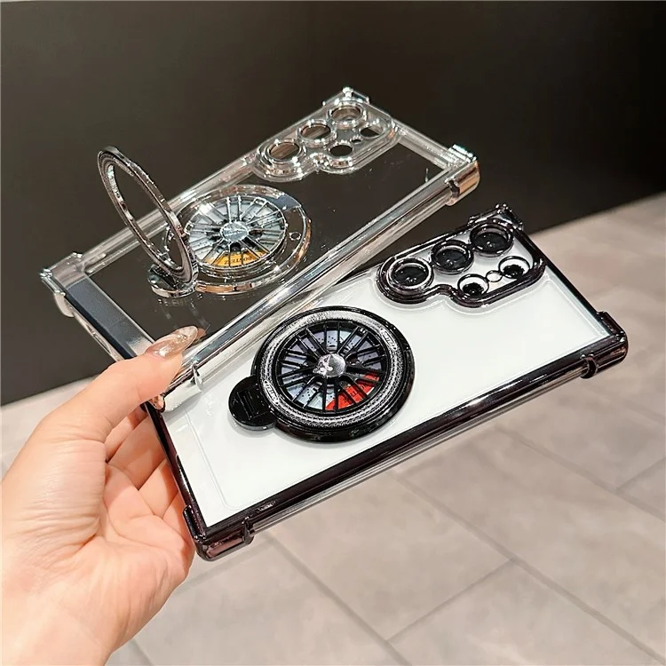 For Samsung Galaxy S23 Ultra Phone Case Gyroscope Kickstand Electroplating TPU PC Mobile Cover - Black