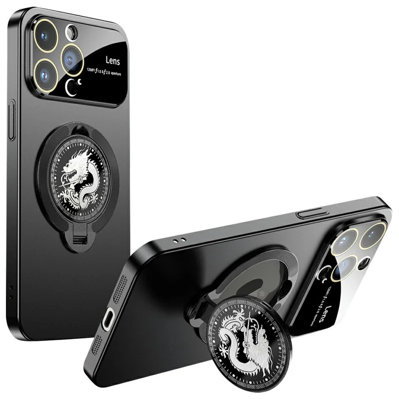 For iPhone 15 Pro Max Case Compatible with MagSafe Loong Pattern Kickstand Rubberized PC Cover - Black