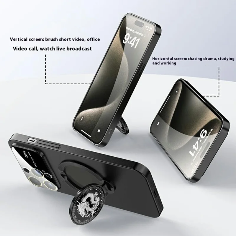 For iPhone 15 Pro Max Case Compatible with MagSafe Loong Pattern Kickstand Rubberized PC Cover - Black