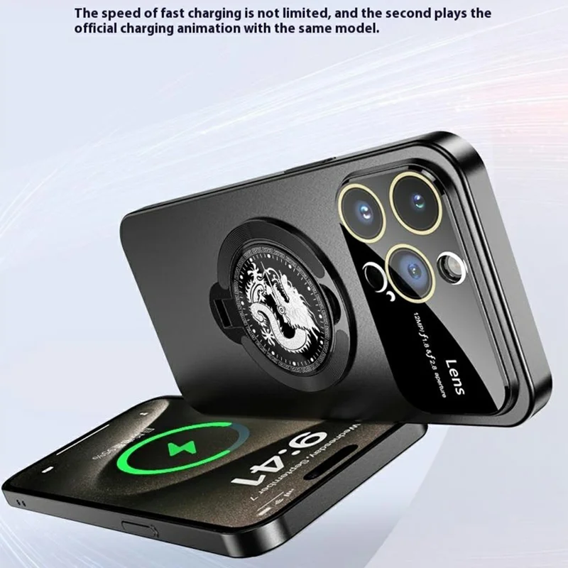 For iPhone 15 Pro Max Case Compatible with MagSafe Loong Pattern Kickstand Rubberized PC Cover - Black