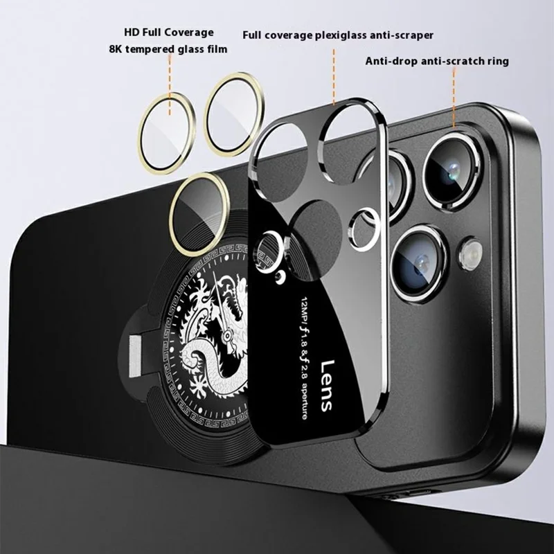 For iPhone 15 Pro Max Case Compatible with MagSafe Loong Pattern Kickstand Rubberized PC Cover - Black