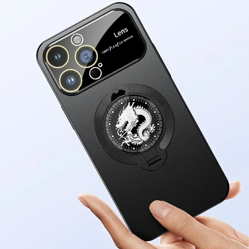 For iPhone 15 Pro Max Case Compatible with MagSafe Loong Pattern Kickstand Rubberized PC Cover - Black