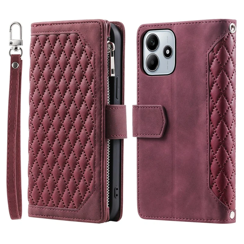 For Xiaomi Redmi Note 14 4G (163.25mm) Wallet Case Rhombus Stitching Line PU Leather Phone Cover - Wine Red