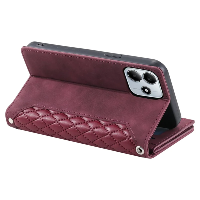 For Xiaomi Redmi Note 14 4G (163.25mm) Wallet Case Rhombus Stitching Line PU Leather Phone Cover - Wine Red