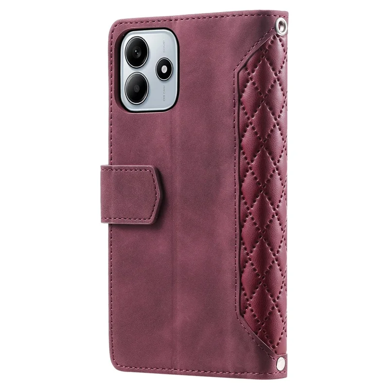 For Xiaomi Redmi Note 14 4G (163.25mm) Wallet Case Rhombus Stitching Line PU Leather Phone Cover - Wine Red