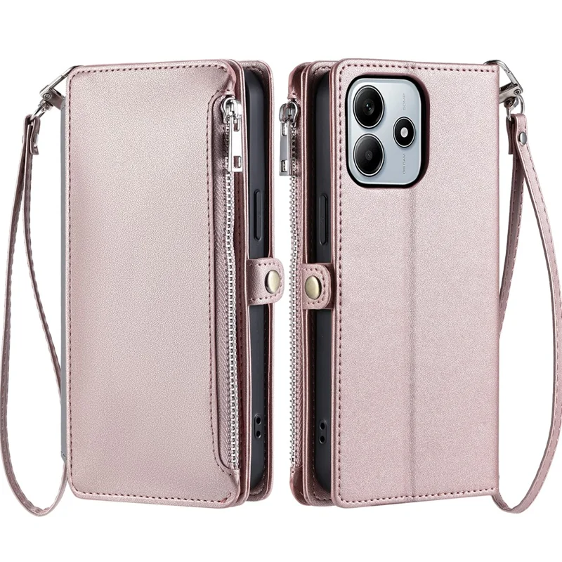 For Xiaomi Redmi Note 14 4G (163.25mm) Leather Case TPU+PU Wallet Phone Cover with Strap - Rose Gold