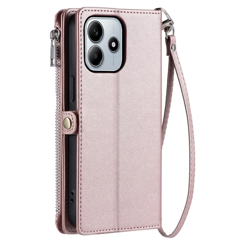 For Xiaomi Redmi Note 14 4G (163.25mm) Leather Case TPU+PU Wallet Phone Cover with Strap - Rose Gold