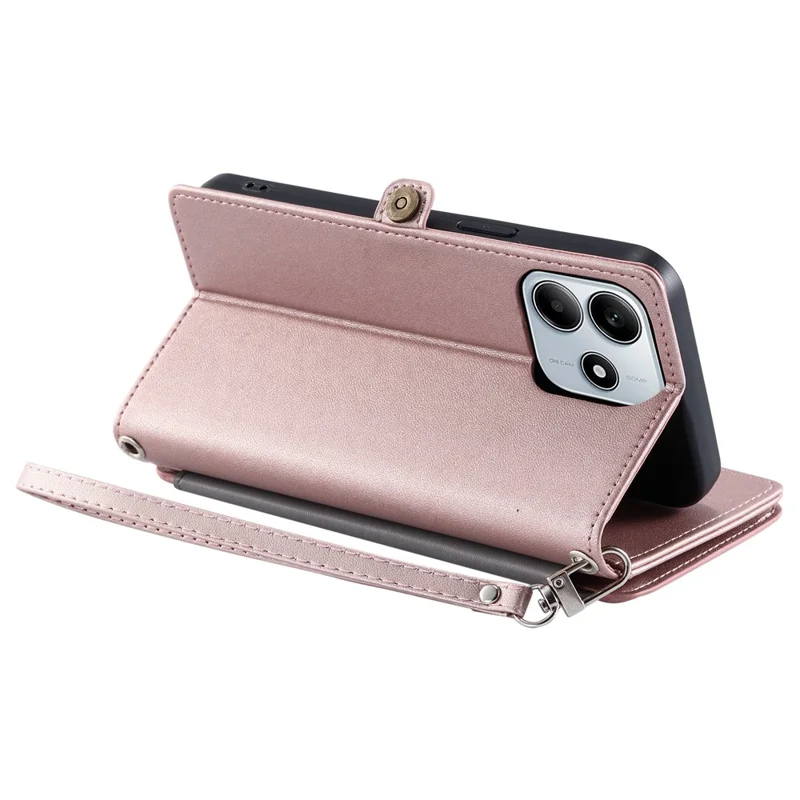 For Xiaomi Redmi Note 14 4G (163.25mm) Leather Case TPU+PU Wallet Phone Cover with Strap - Rose Gold