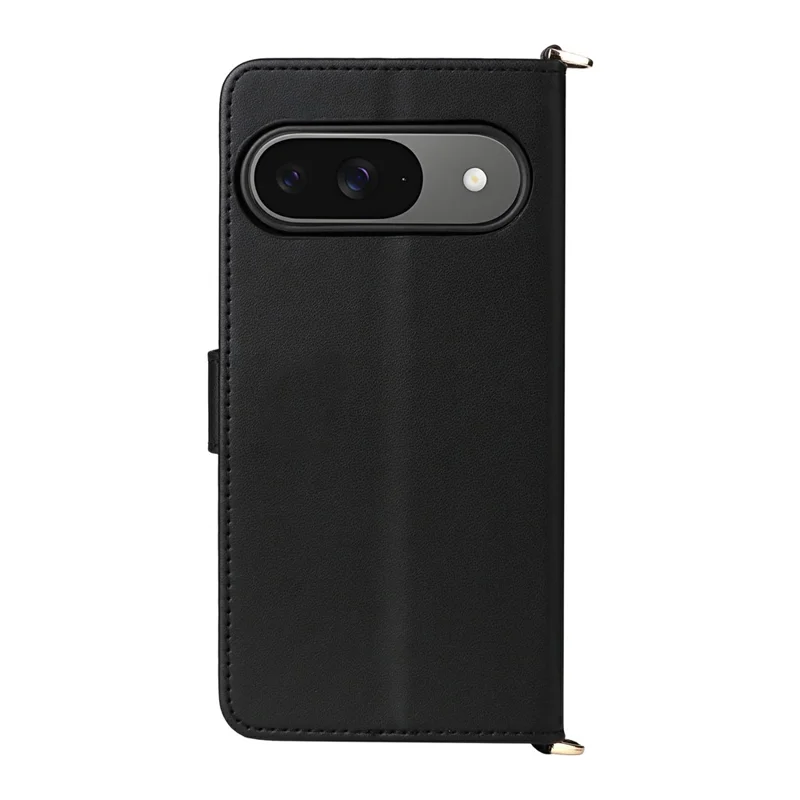 For Google Pixel 9 Pro / Pixel 9 Wallet Case with Shoulder / Wrist Strap Leather Phone Cover Stand - Black