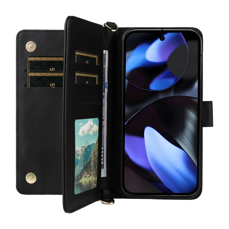 For Google Pixel 9 Pro / Pixel 9 Wallet Case with Shoulder / Wrist Strap Leather Phone Cover Stand - Black