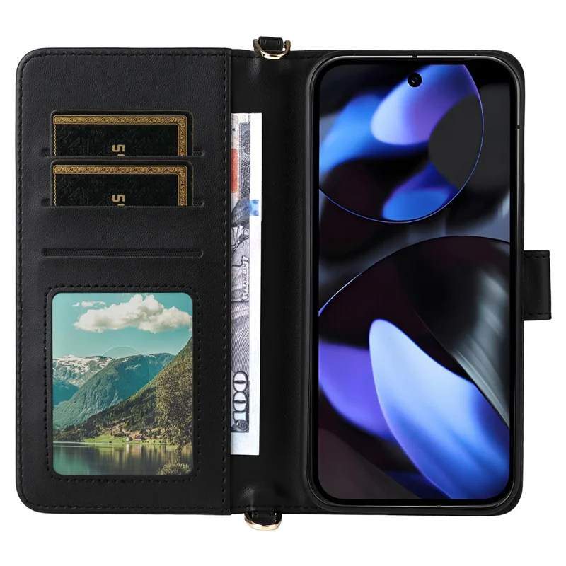 For Google Pixel 9 Pro / Pixel 9 Wallet Case with Shoulder / Wrist Strap Leather Phone Cover Stand - Black