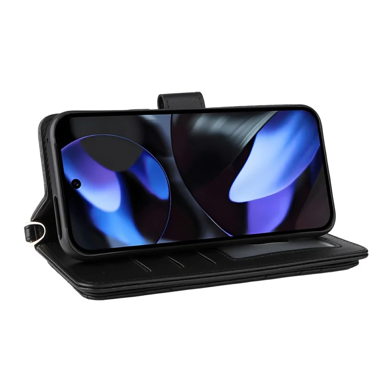 For Google Pixel 9 Pro / Pixel 9 Wallet Case with Shoulder / Wrist Strap Leather Phone Cover Stand - Black