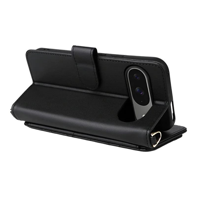 For Google Pixel 9 Pro / Pixel 9 Wallet Case with Shoulder / Wrist Strap Leather Phone Cover Stand - Black