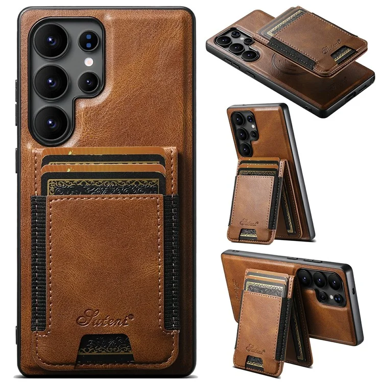 SUTENI H17 Magnetische Hülle mit Kartenfächern aus Leder + TPU-Ständer für Samsung Galaxy S25 Ultra - Braun