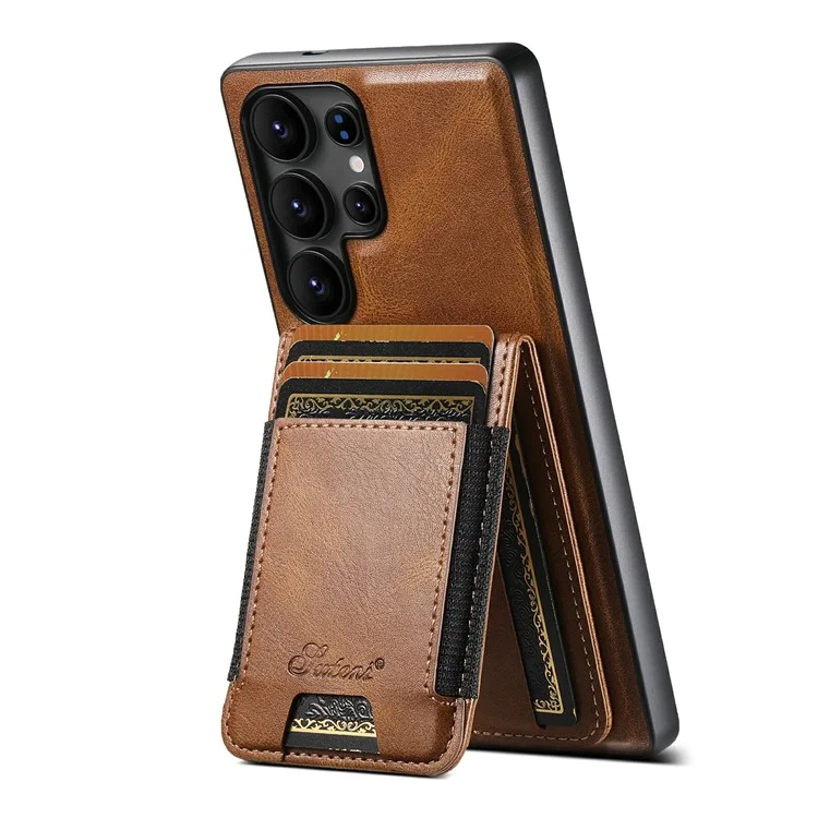 SUTENI H17 Magnetische Hülle mit Kartenfächern aus Leder + TPU-Ständer für Samsung Galaxy S25 Ultra - Braun