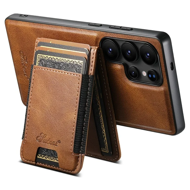 SUTENI H17 Magnetische Hülle mit Kartenfächern aus Leder + TPU-Ständer für Samsung Galaxy S25 Ultra - Braun