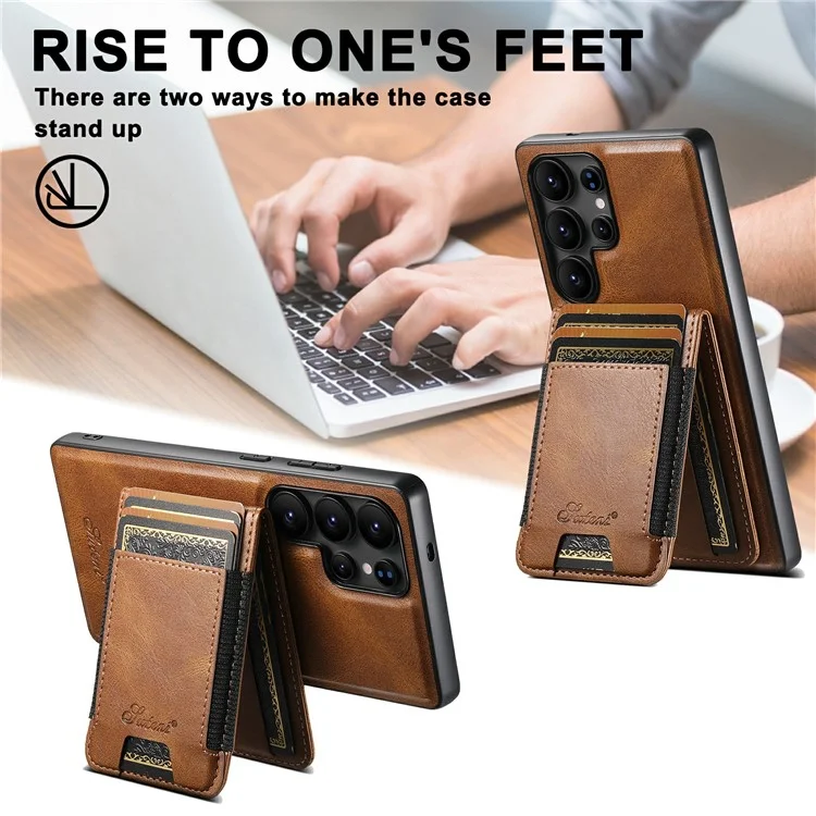 SUTENI H17 Magnetische Hülle mit Kartenfächern aus Leder + TPU-Ständer für Samsung Galaxy S25 Ultra - Braun