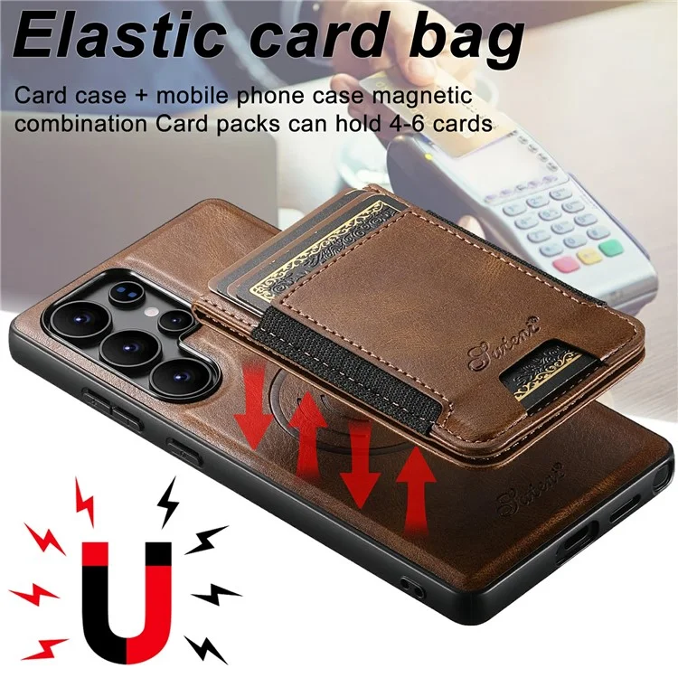 SUTENI H17 Magnetische Hülle mit Kartenfächern aus Leder + TPU-Ständer für Samsung Galaxy S25 Ultra - Braun