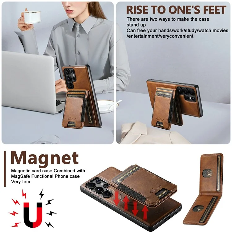 SUTENI H17 Magnetische Hülle mit Kartenfächern aus Leder + TPU-Ständer für Samsung Galaxy S25 Ultra - Braun
