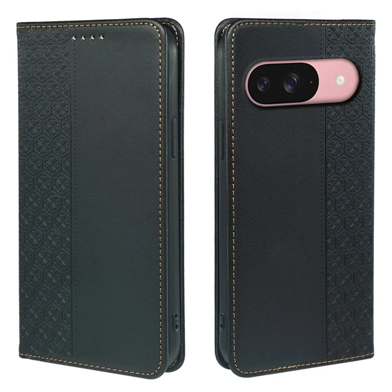 For Google Pixel 9 / Pixel 9 Pro Case Four Leaf Clover Leather Flip Phone Cover Stand Wallet - Black