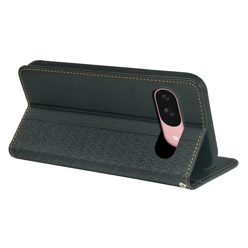 For Google Pixel 9 / Pixel 9 Pro Case Four Leaf Clover Leather Flip Phone Cover Stand Wallet - Black