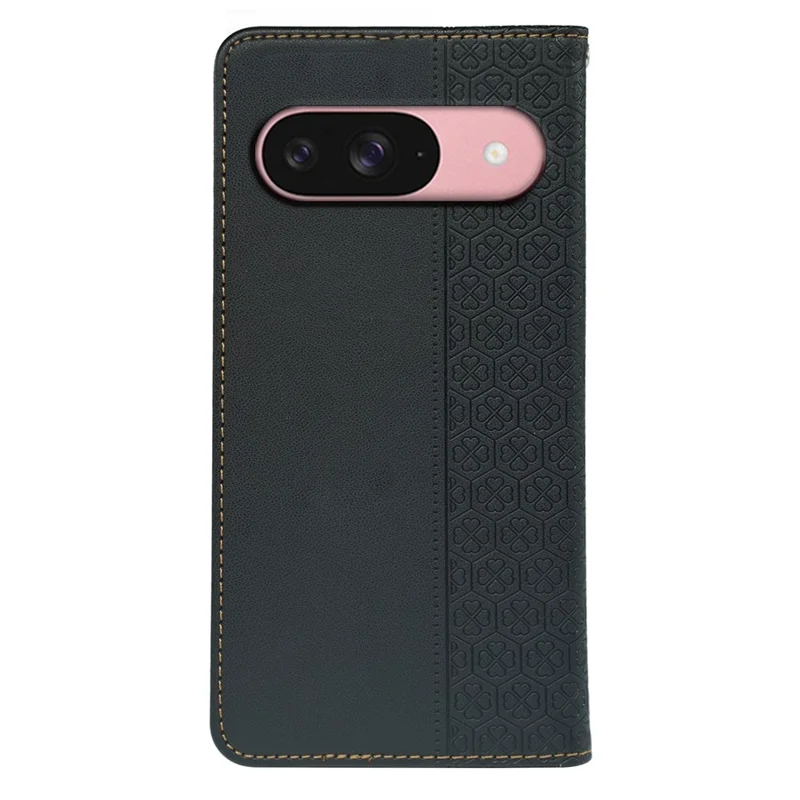 For Google Pixel 9 / Pixel 9 Pro Case Four Leaf Clover Leather Flip Phone Cover Stand Wallet - Black