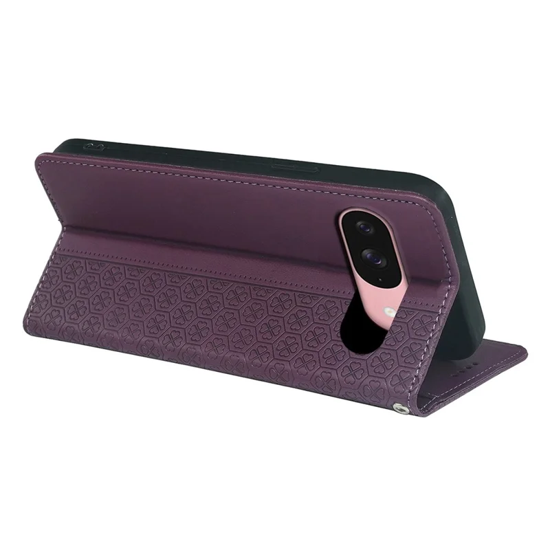 For Google Pixel 9 / Pixel 9 Pro Case Four Leaf Clover Leather Flip Phone Cover Stand Wallet - Dark Purple