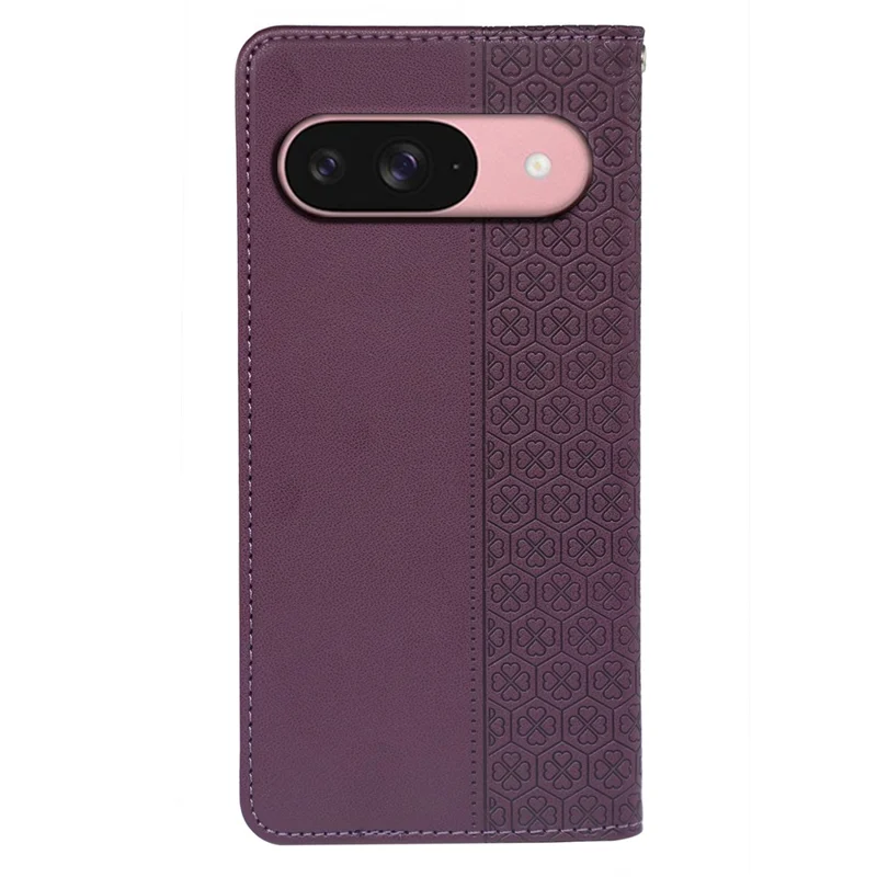 For Google Pixel 9 / Pixel 9 Pro Case Four Leaf Clover Leather Flip Phone Cover Stand Wallet - Dark Purple
