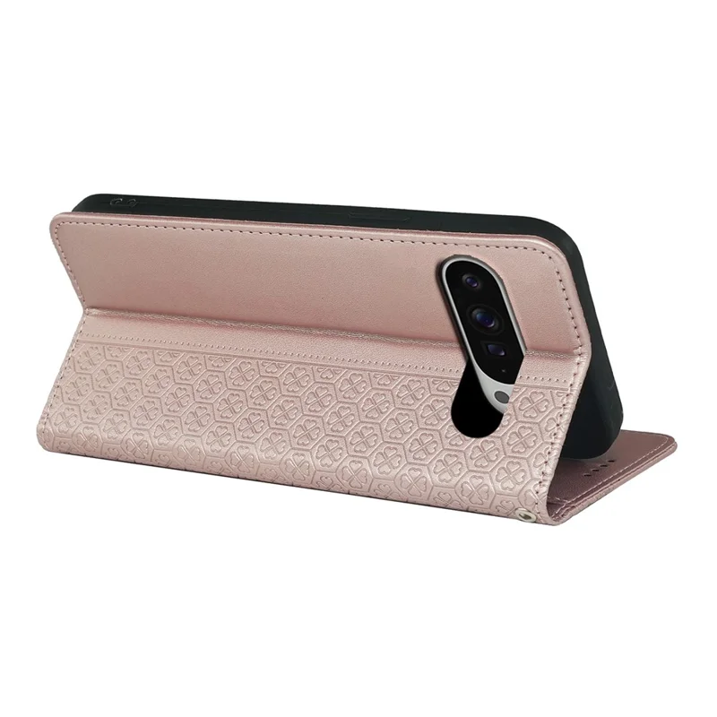 For Google Pixel 9 Pro XL Case Four Leaf Clover Leather Flip Phone Cover Stand Wallet - Rose Gold
