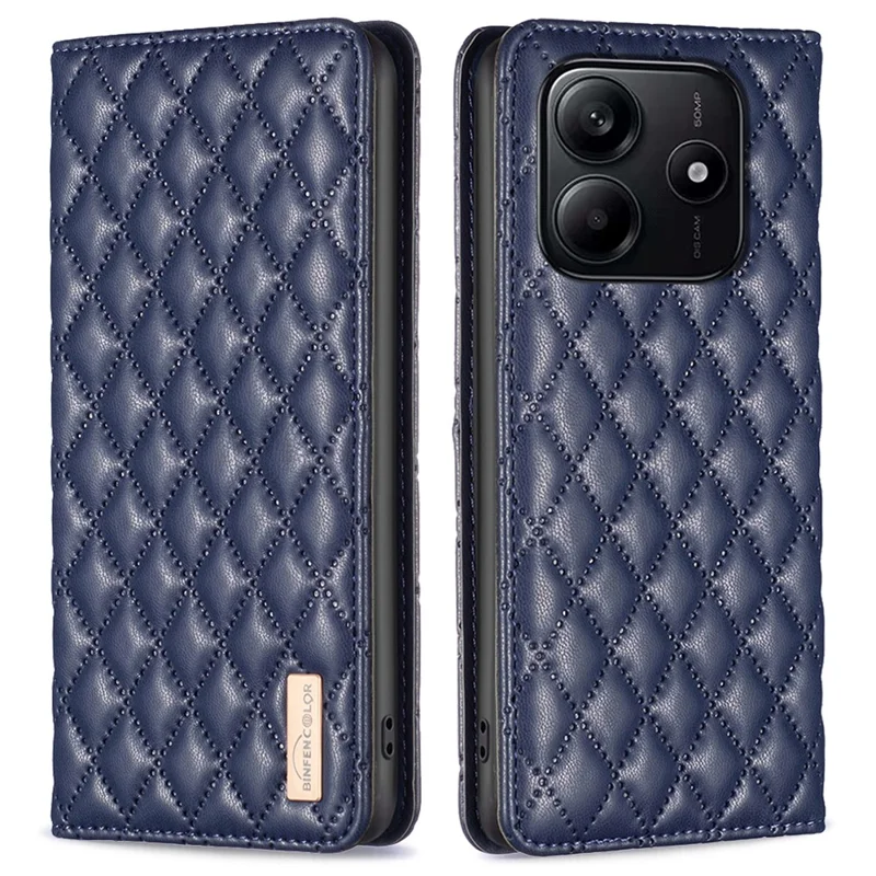 BINFEN COLOR BF Style-16 Capa para Xiaomi Redmi Note 14 4G com slots para cartões e cobertura de couro com padrão de losango - Azul
