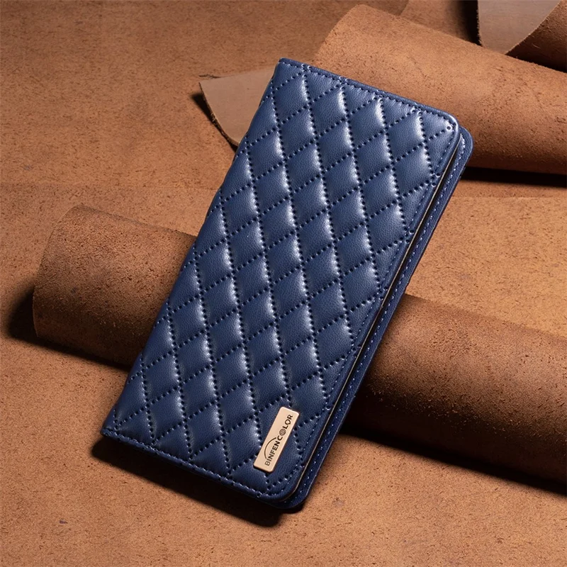 BINFEN COLOR BF Style-16 Capa para Xiaomi Redmi Note 14 4G com slots para cartões e cobertura de couro com padrão de losango - Azul