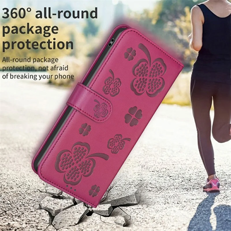 For Xiaomi Redmi Note 14 4G (163.25mm) Case Clover Pattern Wallet Stand View Leather Phone Cover - Rose