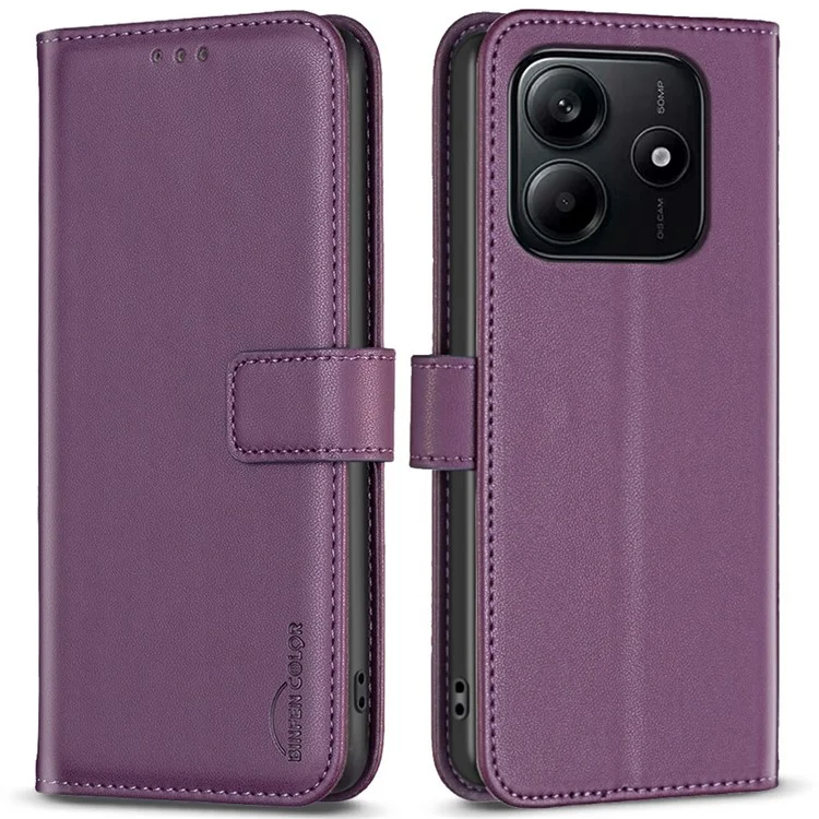 BINFEN COLOR BF17 For Xiaomi Redmi Note 14 4G (163.25x76.55x8.16mm) Case Wallet Folio Flip Leather Cover - Dark Purple