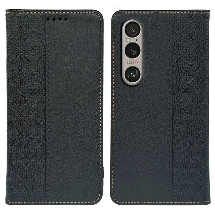 For Sony Xperia 1 V Case Four Leaf Clover Leather Flip Phone Cover Stand Wallet - Black