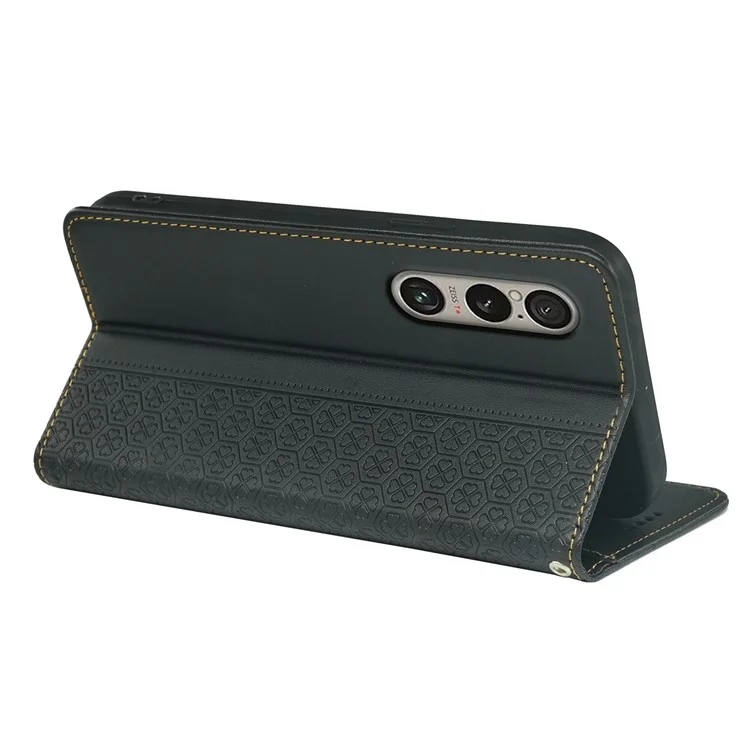 For Sony Xperia 1 V Case Four Leaf Clover Leather Flip Phone Cover Stand Wallet - Black