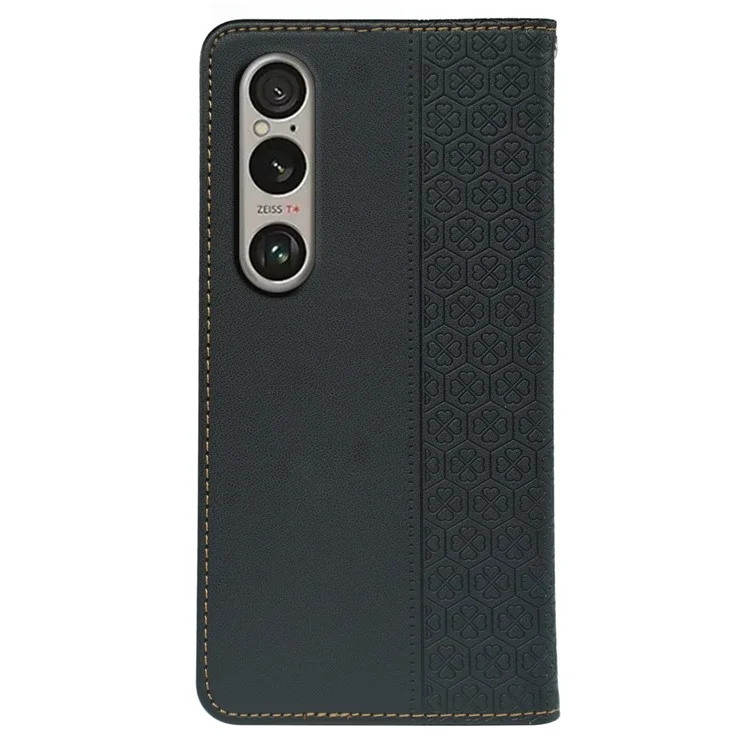 For Sony Xperia 1 V Case Four Leaf Clover Leather Flip Phone Cover Stand Wallet - Black