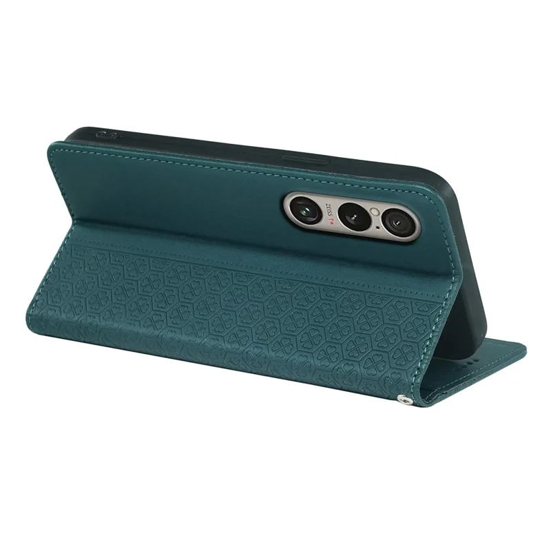 For Sony Xperia 1 V Case Four Leaf Clover Leather Flip Phone Cover Stand Wallet - Green