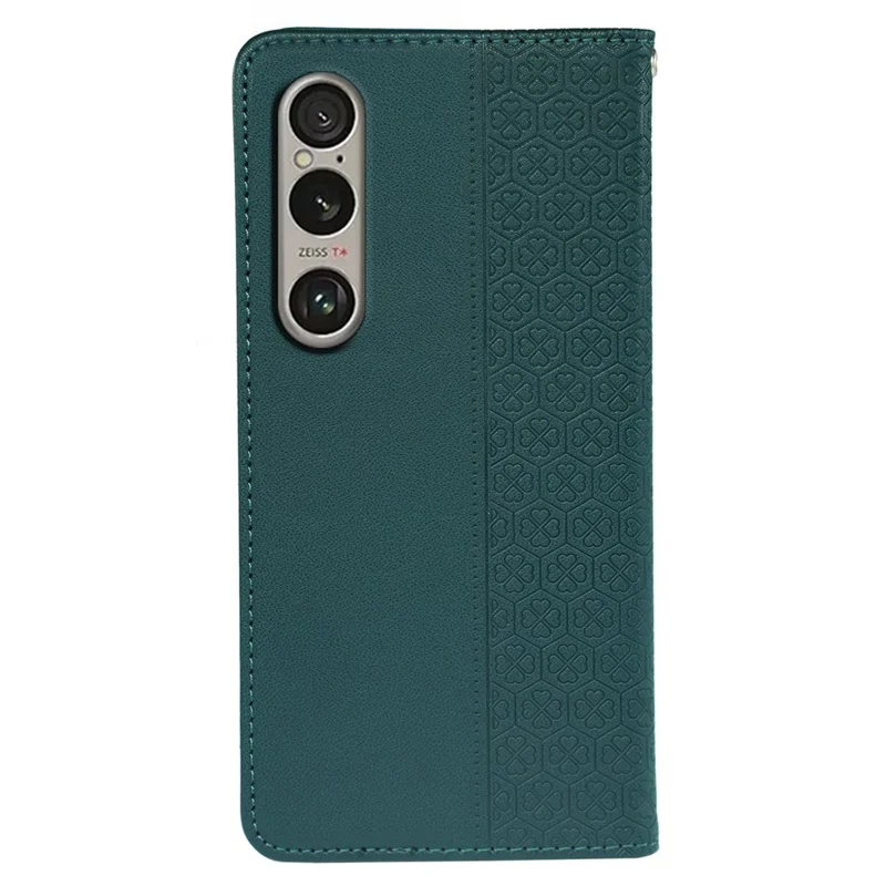 For Sony Xperia 1 V Case Four Leaf Clover Leather Flip Phone Cover Stand Wallet - Green