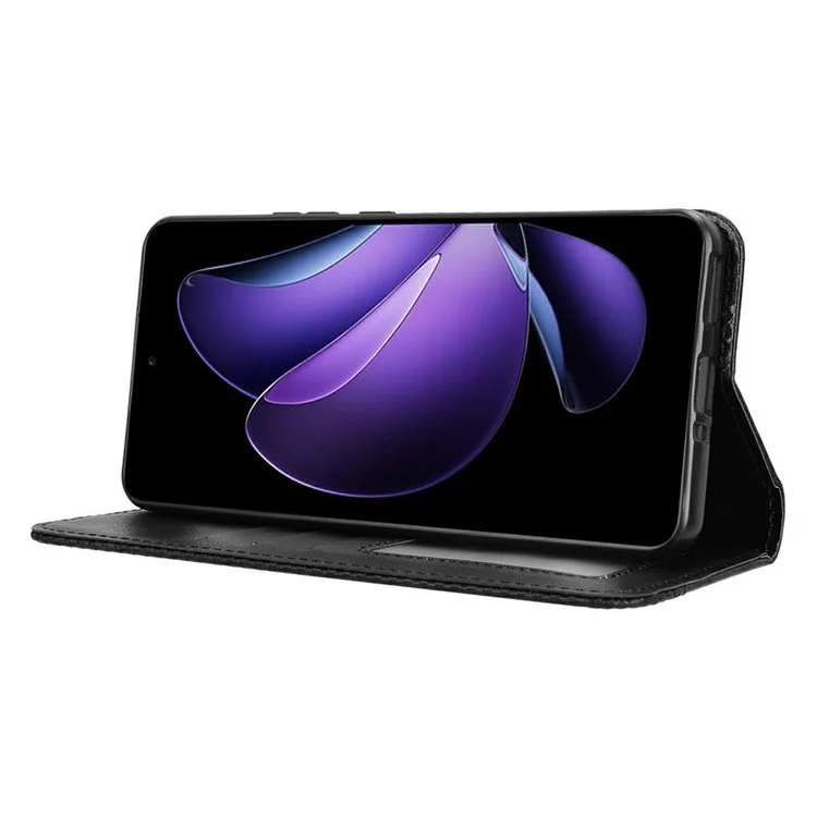 Custodia in pelle per Oppo Reno13 F / Reno13 F 4G, con funzione di supporto e texture retrò - Nero