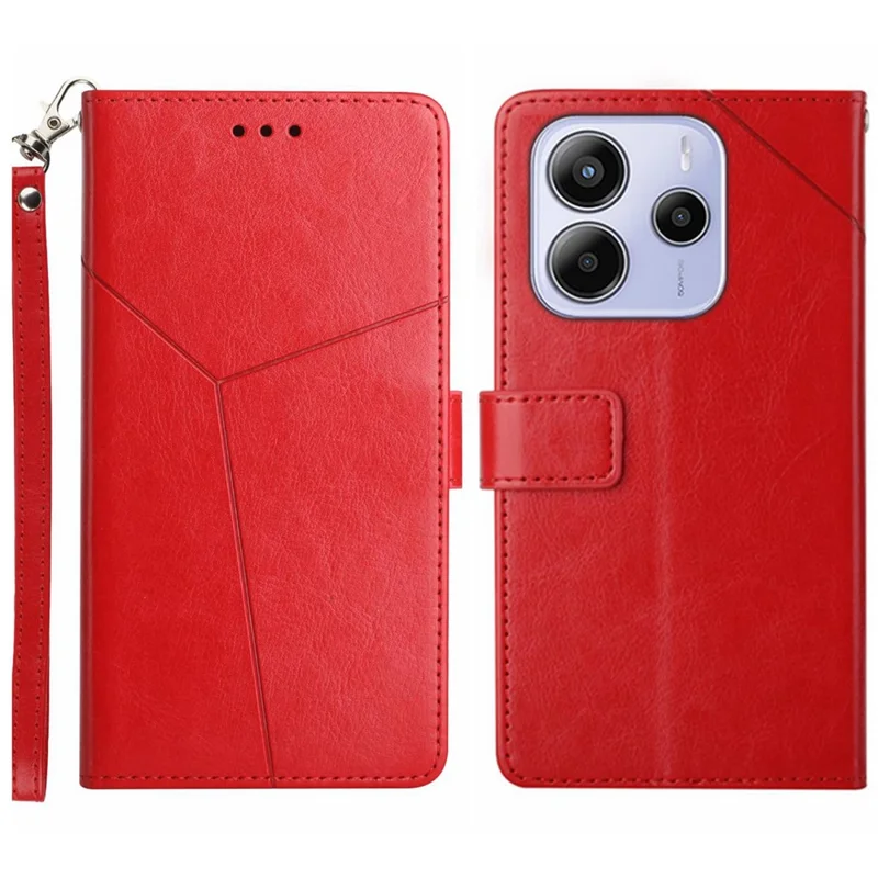 For Xiaomi Redmi Note 14 4G (163.25mm) Case with Wrist Strap Y Shaped Lines Imprint Leather Phone Cover - Red