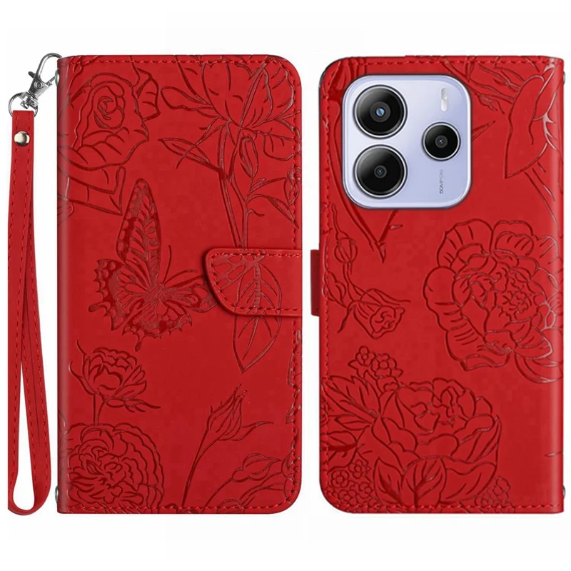 Für Xiaomi Redmi Note 14 4G Hülle Lederhandy-Cover mit Gurt, Schmetterlings-Blumen-Prägung - Rot