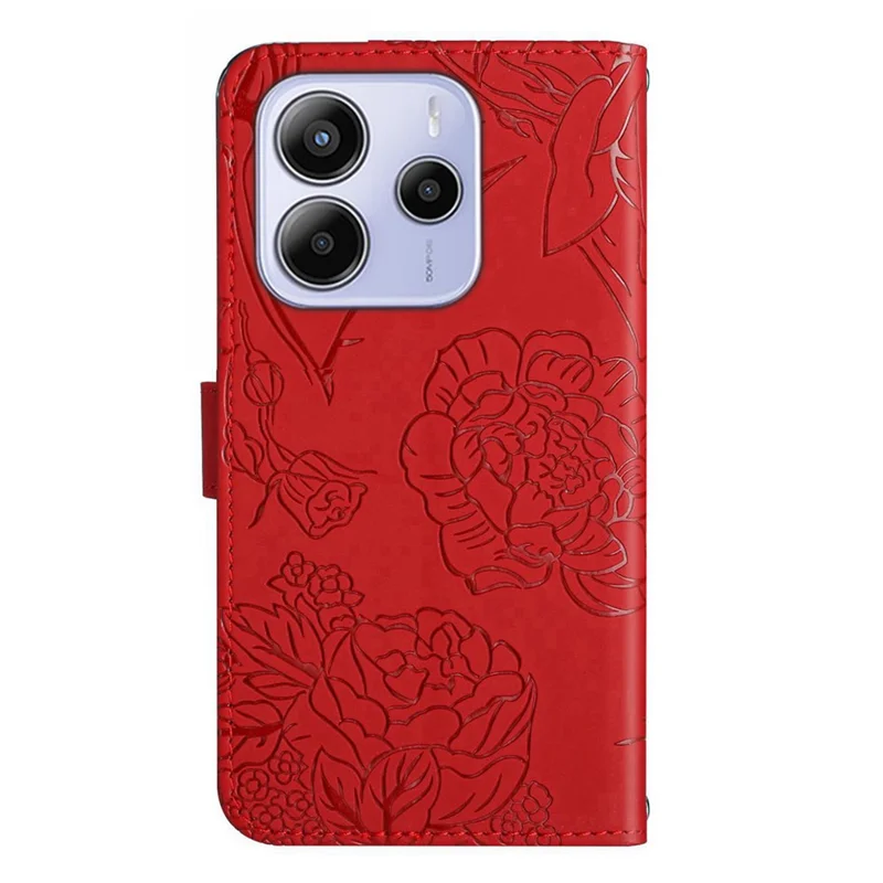Für Xiaomi Redmi Note 14 4G Hülle Lederhandy-Cover mit Gurt, Schmetterlings-Blumen-Prägung - Rot